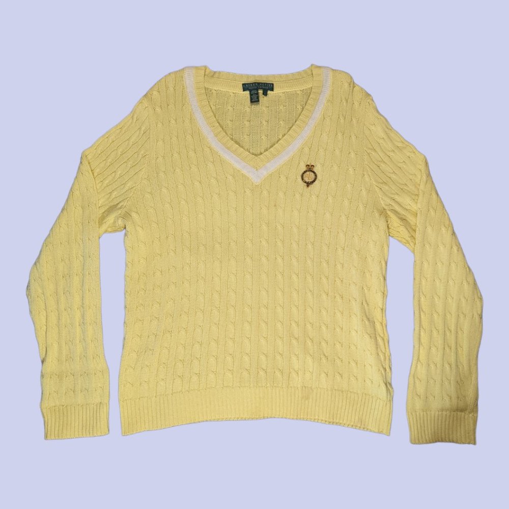 Lauren Active | Women's Cable Knit Cotton V-Neck Sweater Yellow Large - Picture 1 of 4